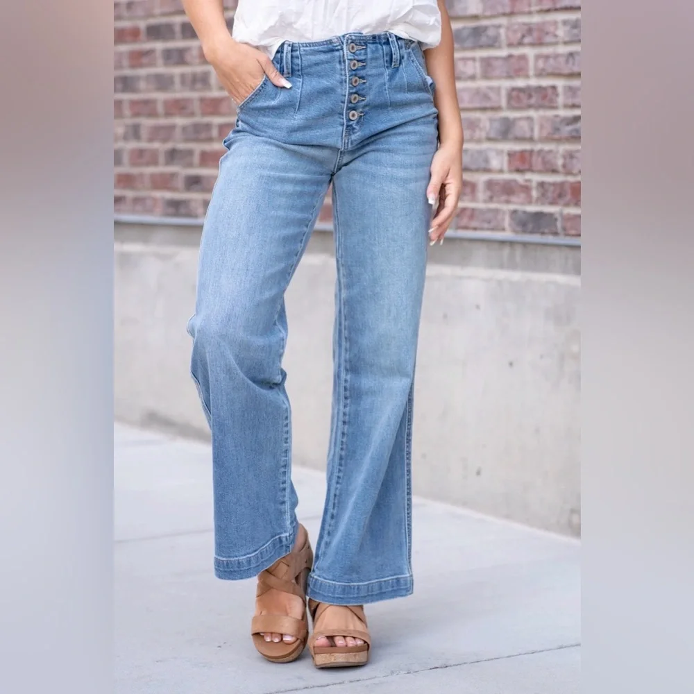 Kancan Zoelle Ultra High Rise Wide Leg Jeans Womens 26 Blue Button Fly Baggy